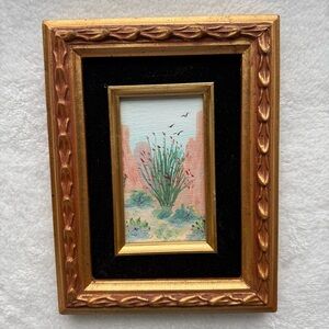 Southwest Landscape Original Framed Oil on Canvas Painting 3"x5" VTG Gold Frame
